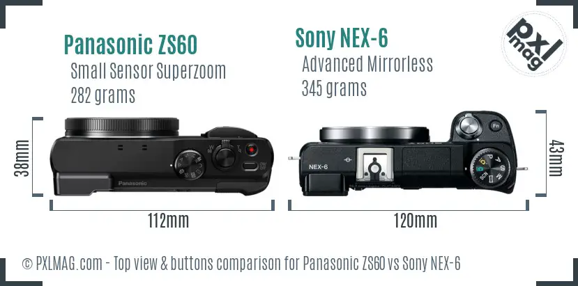 Panasonic ZS60 vs Sony NEX-6 top view buttons comparison Panasonic ZS60 vs Sony NEX-6 top view buttons comparison