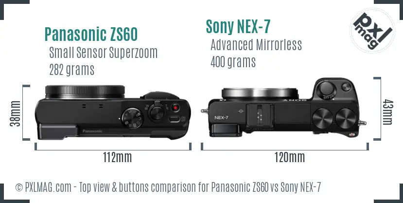 Panasonic ZS60 vs Sony NEX-7 top view buttons comparison Panasonic ZS60 vs Sony NEX-7 top view buttons comparison