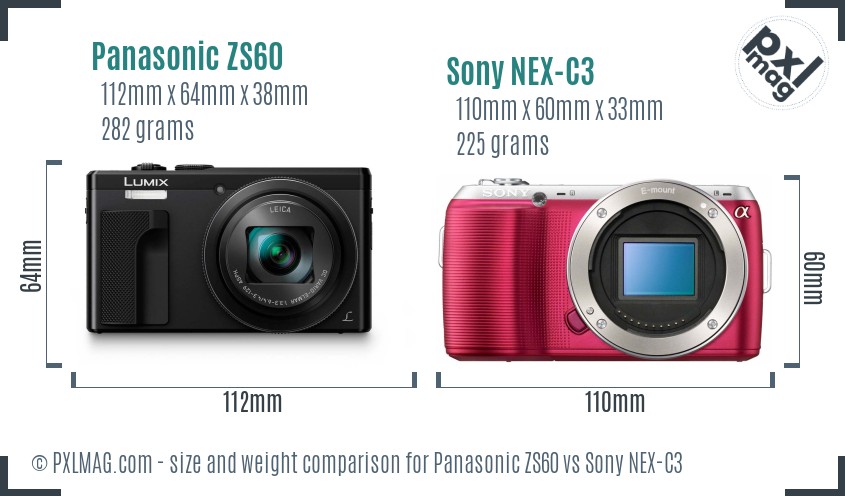 Panasonic ZS60 vs Sony NEX-C3 size comparison