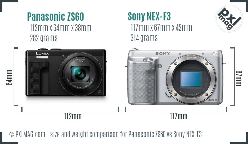 Panasonic ZS60 vs Sony NEX-F3 size comparison