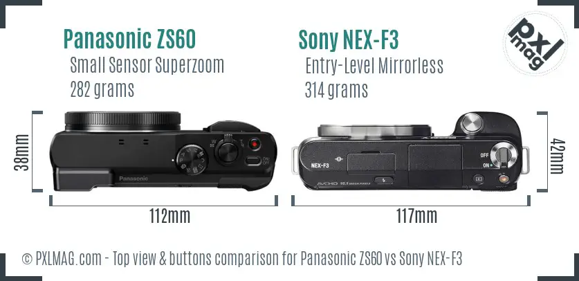 Panasonic ZS60 vs Sony NEX-F3 top view buttons comparison