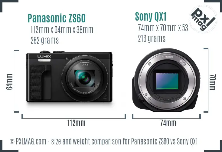 Panasonic ZS60 vs Sony QX1 size comparison