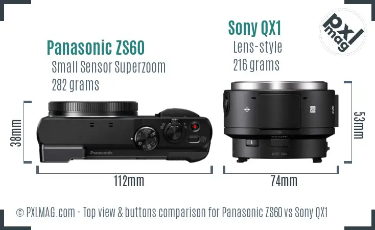 Panasonic ZS60 vs Sony QX1 top view buttons comparison