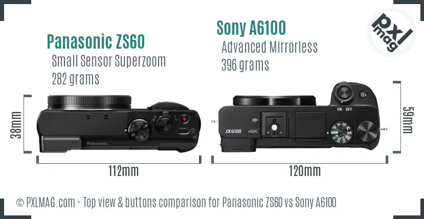 Panasonic ZS60 vs Sony A6100 top view buttons comparison