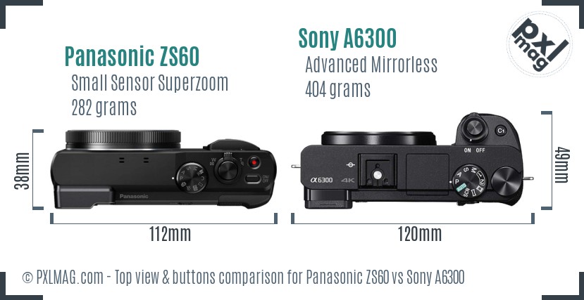 Panasonic ZS60 vs Sony A6300 top view buttons comparison