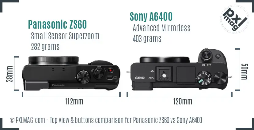 Panasonic ZS60 vs Sony A6400 top view buttons comparison