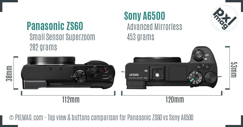 Panasonic ZS60 vs Sony A6500 top view buttons comparison