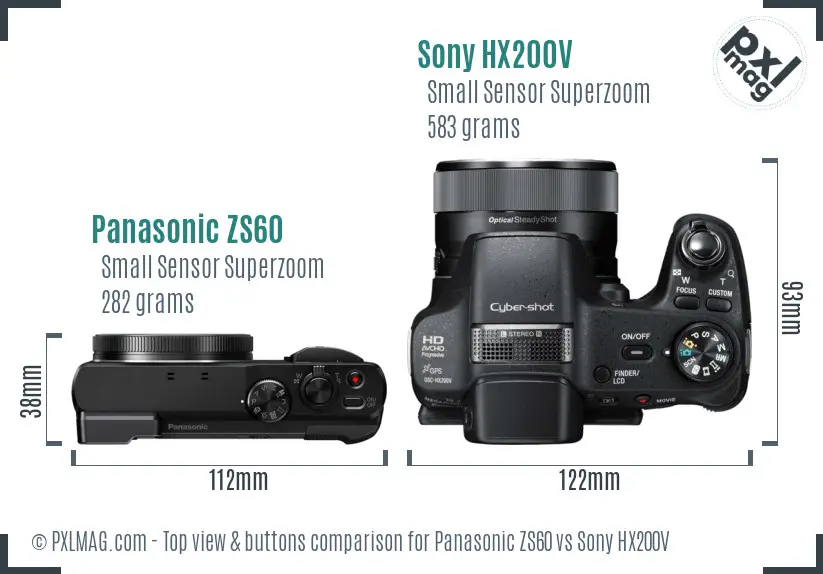 Panasonic ZS60 vs Sony HX200V top view buttons comparison