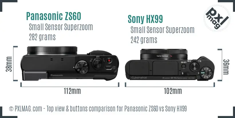 Panasonic ZS60 vs Sony HX99 top view buttons comparison