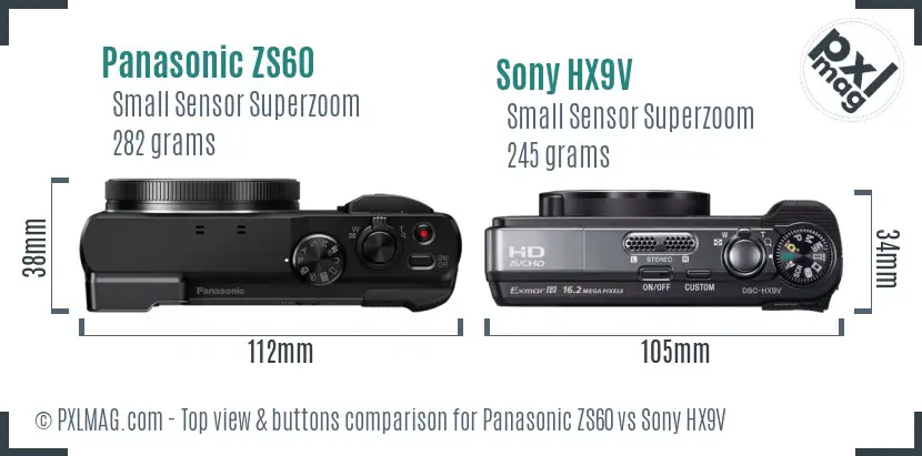 Panasonic ZS60 vs Sony HX9V top view buttons comparison