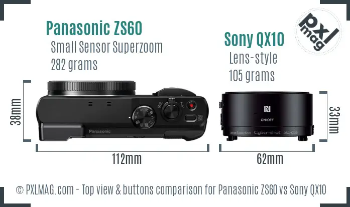 Panasonic ZS60 vs Sony QX10 top view buttons comparison