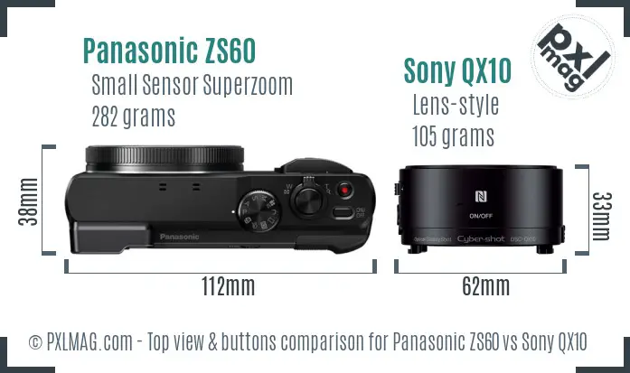 Panasonic ZS60 vs Sony QX10 top view buttons comparison Panasonic ZS60 vs Sony QX10 top view buttons comparison