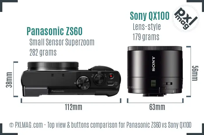 Panasonic ZS60 vs Sony QX100 top view buttons comparison