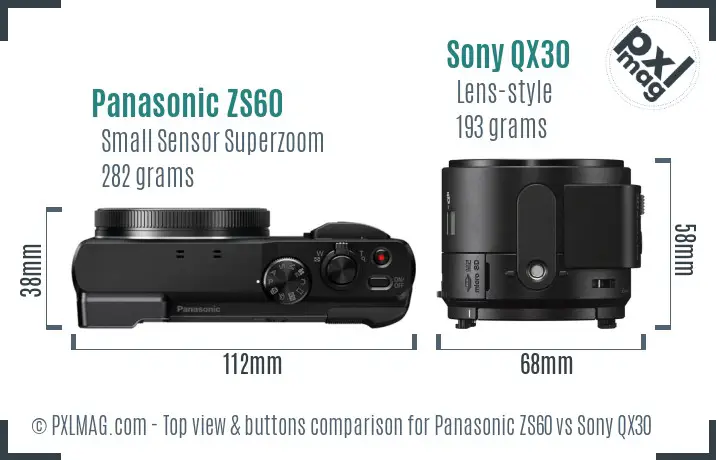 Panasonic ZS60 vs Sony QX30 top view buttons comparison