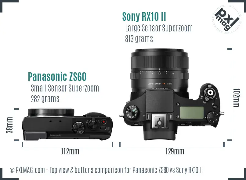 Panasonic ZS60 vs Sony RX10 II top view buttons comparison