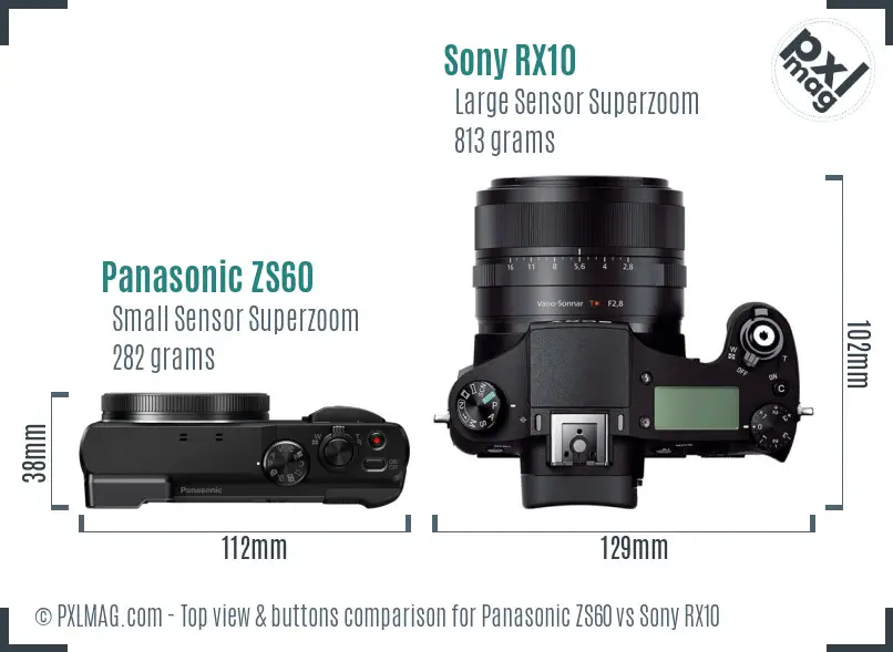Panasonic ZS60 vs Sony RX10 top view buttons comparison