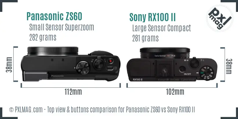Panasonic ZS60 vs Sony RX100 II top view buttons comparison Panasonic ZS60 vs Sony RX100 II top view buttons comparison