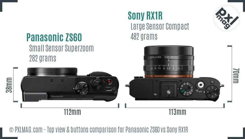 Panasonic ZS60 vs Sony RX1R top view buttons comparison Panasonic ZS60 vs Sony RX1R top view buttons comparison