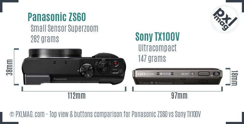 Panasonic ZS60 vs Sony TX100V top view buttons comparison