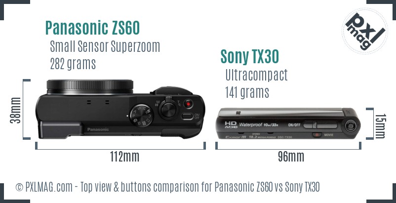 Panasonic ZS60 vs Sony TX30 top view buttons comparison