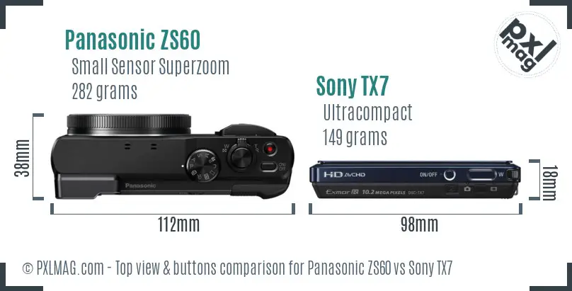 Panasonic ZS60 vs Sony TX7 top view buttons comparison Panasonic ZS60 vs Sony TX7 top view buttons comparison