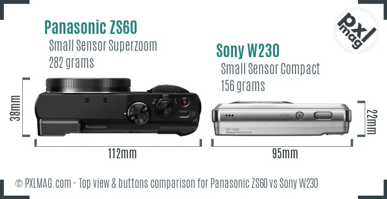 Panasonic ZS60 vs Sony W230 top view buttons comparison