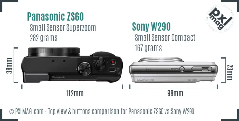 Panasonic ZS60 vs Sony W290 top view buttons comparison Panasonic ZS60 vs Sony W290 top view buttons comparison