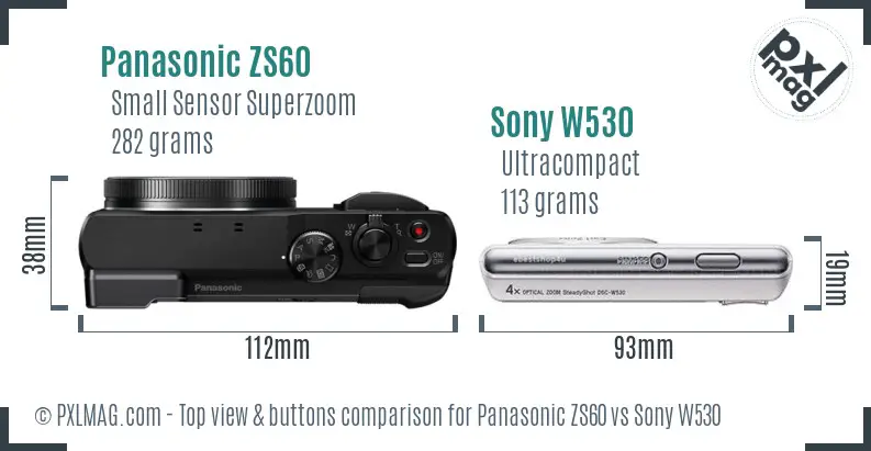 Panasonic ZS60 vs Sony W530 top view buttons comparison