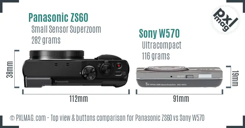 Panasonic ZS60 vs Sony W570 top view buttons comparison