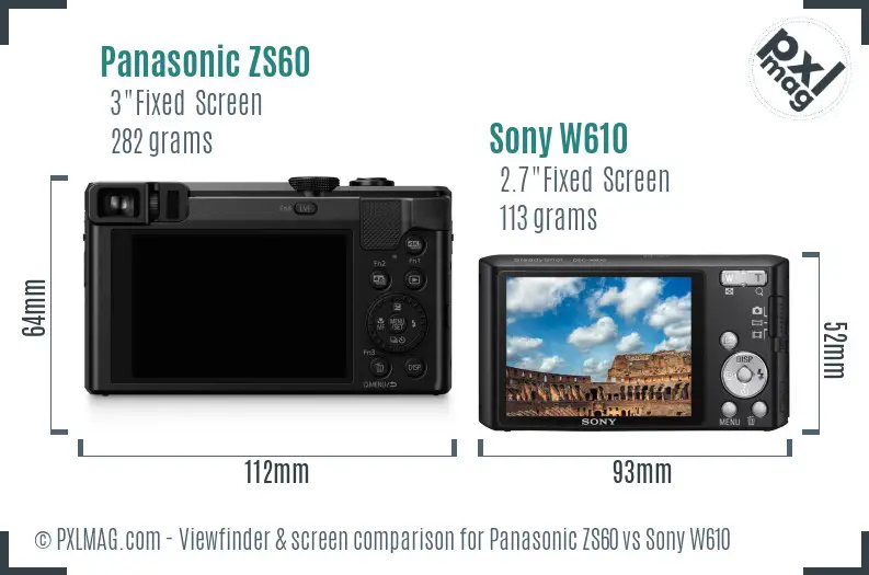 Panasonic ZS60 vs Sony W610 Screen and Viewfinder comparison