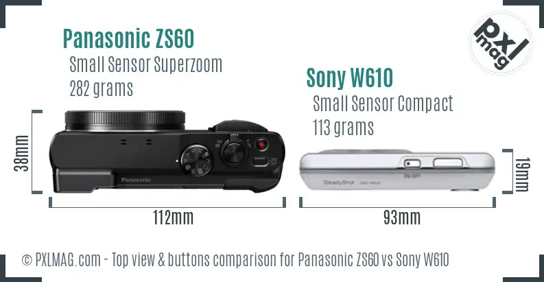 Panasonic ZS60 vs Sony W610 top view buttons comparison