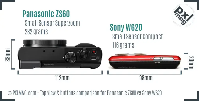 Panasonic ZS60 vs Sony W620 top view buttons comparison