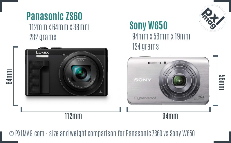 Panasonic ZS60 vs Sony W650 size comparison