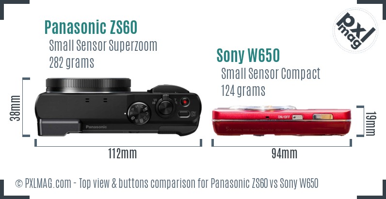 Panasonic ZS60 vs Sony W650 top view buttons comparison