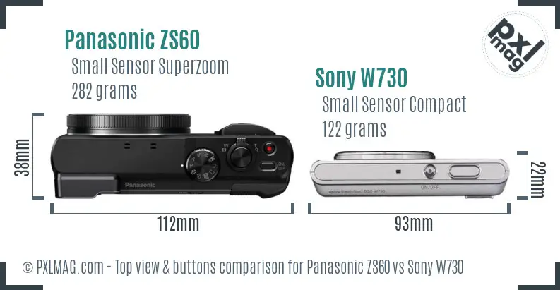 Panasonic ZS60 vs Sony W730 top view buttons comparison