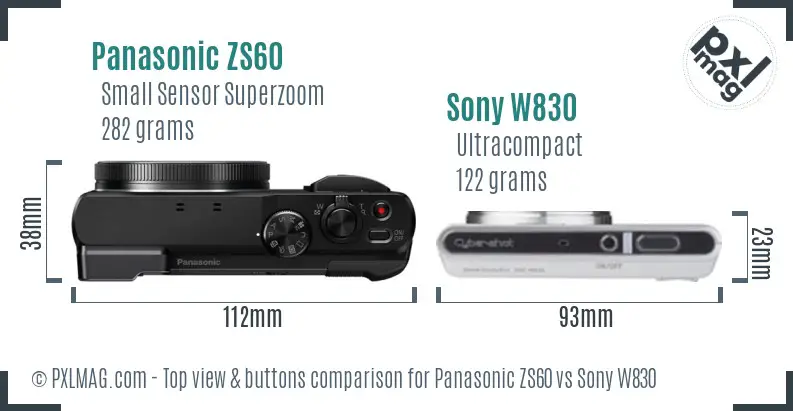 Panasonic ZS60 vs Sony W830 top view buttons comparison