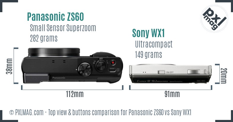 Panasonic ZS60 vs Sony WX1 top view buttons comparison