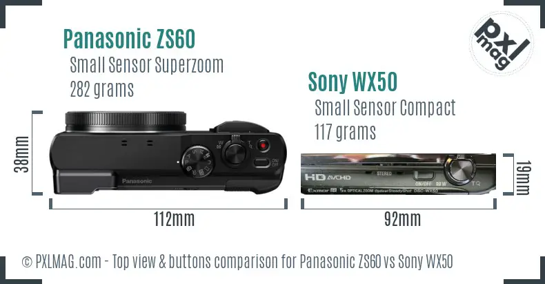 Panasonic ZS60 vs Sony WX50 top view buttons comparison