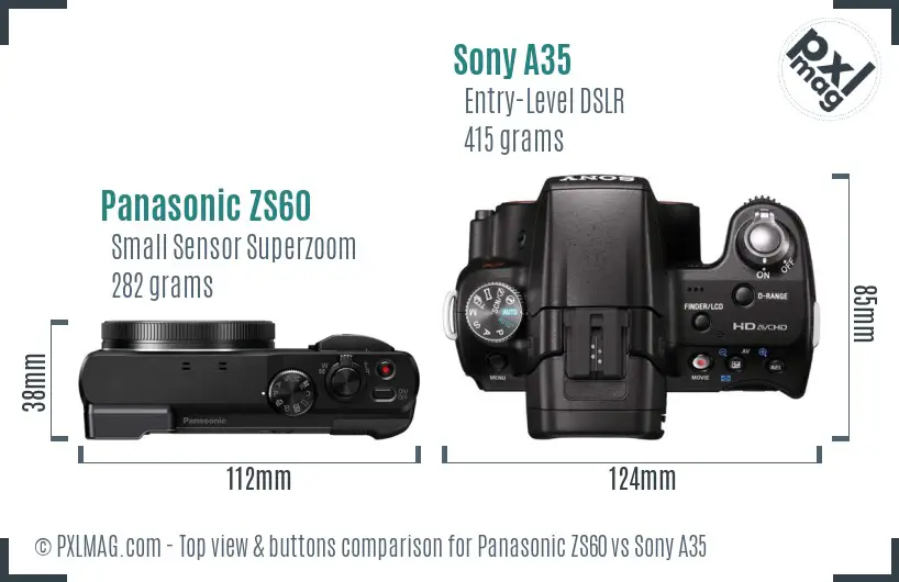 Panasonic ZS60 vs Sony A35 top view buttons comparison Panasonic ZS60 vs Sony A35 top view buttons comparison