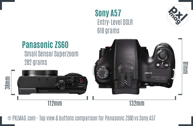 Panasonic ZS60 vs Sony A57 top view buttons comparison
