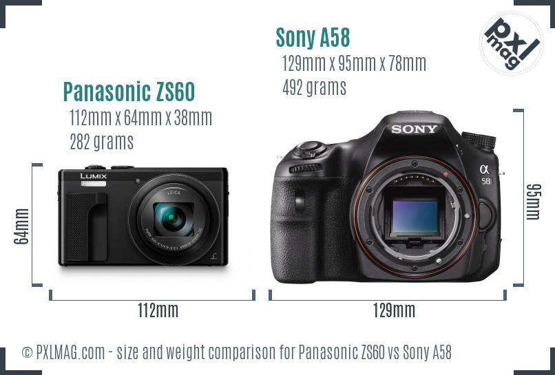 Panasonic ZS60 vs Sony A58 size comparison