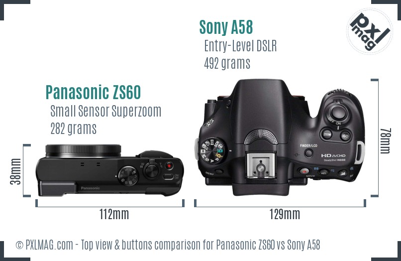 Panasonic ZS60 vs Sony A58 top view buttons comparison