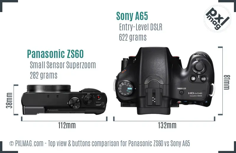Panasonic ZS60 vs Sony A65 top view buttons comparison Panasonic ZS60 vs Sony A65 top view buttons comparison