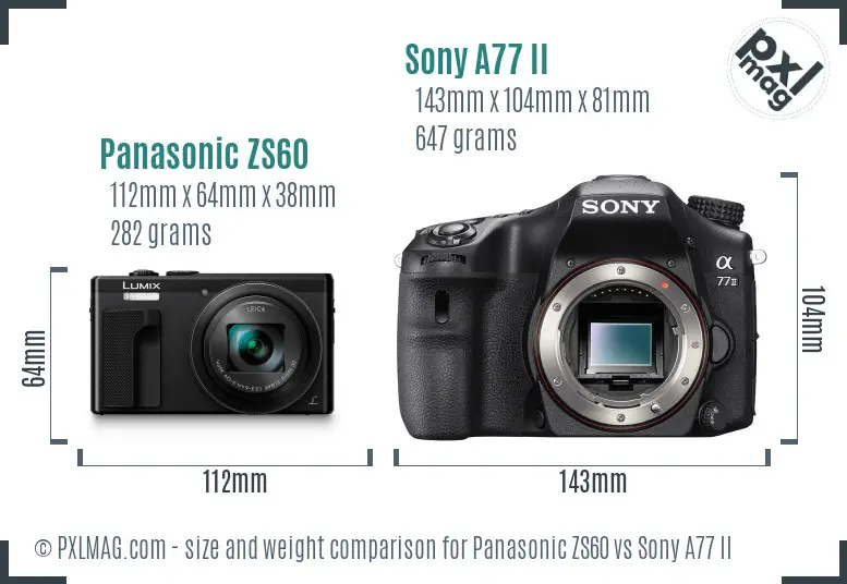 Panasonic ZS60 vs Sony A77 II size comparison
