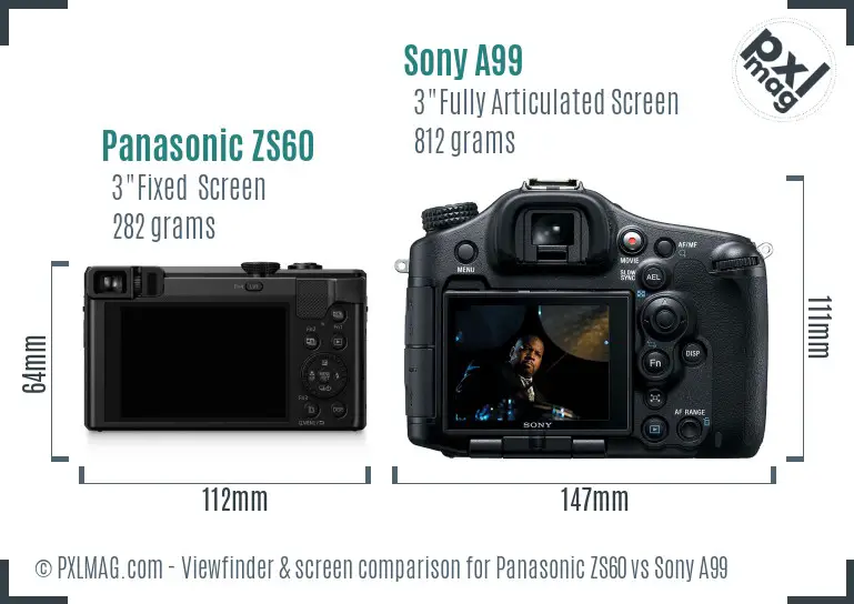 Panasonic ZS60 vs Sony A99 Screen and Viewfinder comparison