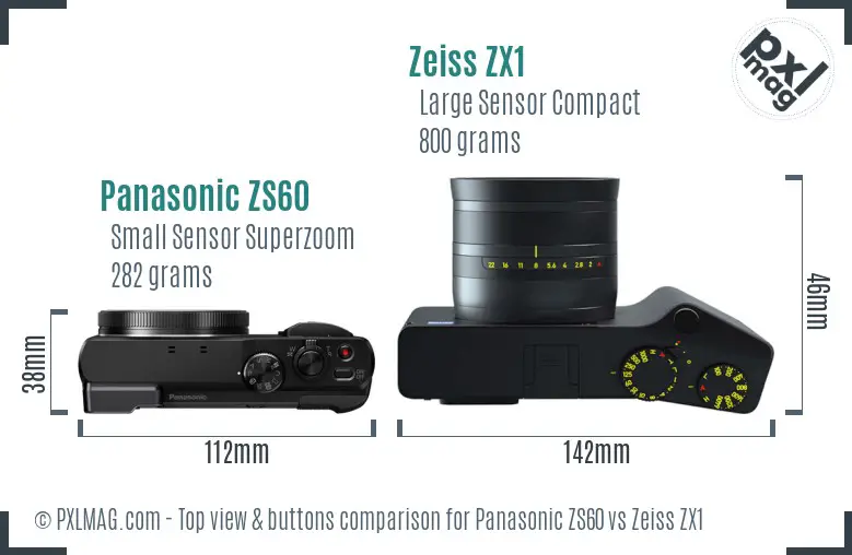 Panasonic ZS60 vs Zeiss ZX1 top view buttons comparison Panasonic ZS60 vs Zeiss ZX1 top view buttons comparison