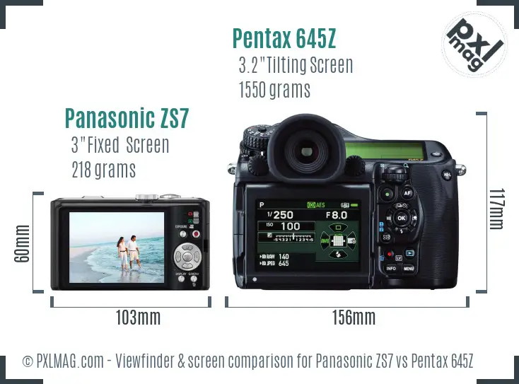 Panasonic ZS7 vs Pentax 645Z Screen and Viewfinder comparison