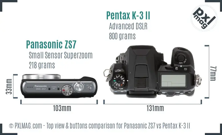 Panasonic ZS7 vs Pentax K-3 II top view buttons comparison