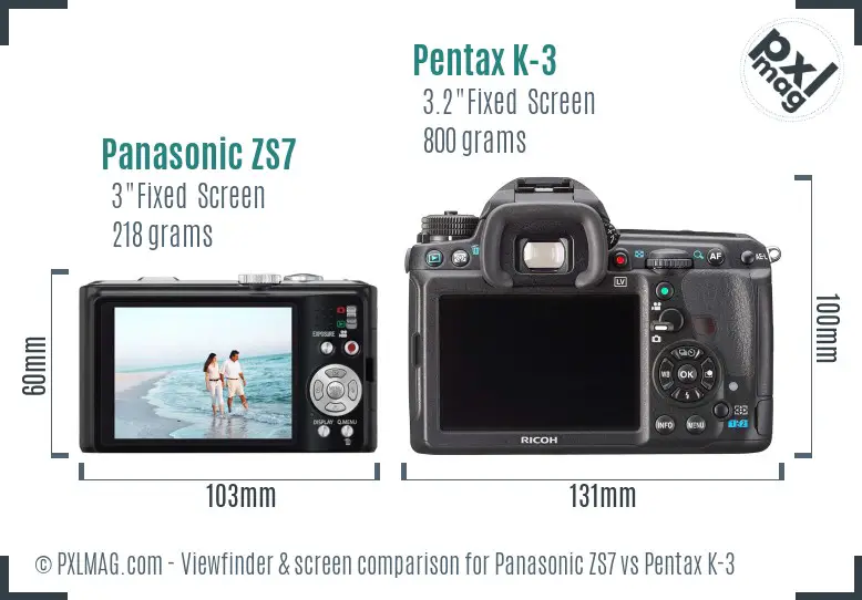 Panasonic ZS7 vs Pentax K-3 Screen and Viewfinder comparison