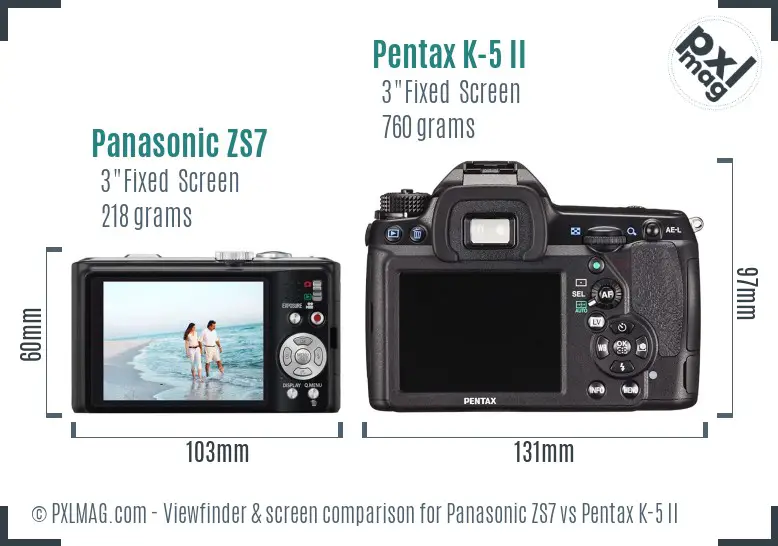 Panasonic ZS7 vs Pentax K-5 II Screen and Viewfinder comparison